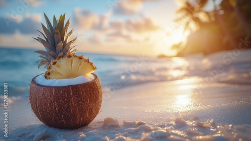 Refreshing coconut drink with pineapple on sandy beach at sunset