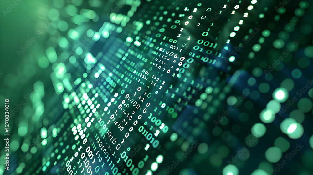 Abstract representation of digital data flow with binary code in a green and blue color scheme Abstract representation of digital data flow with binary code in a green and blue color scheme