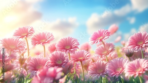 Beautiful pink flowers blooming in a garden during golden hour light