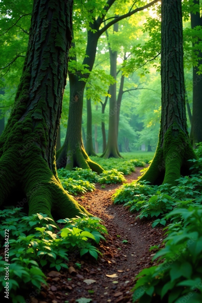Curved forest path bends around ancient mossy tree trunk, trail, fern, foliage Curved forest path bends around ancient mossy tree trunk, trail, fern, foliage