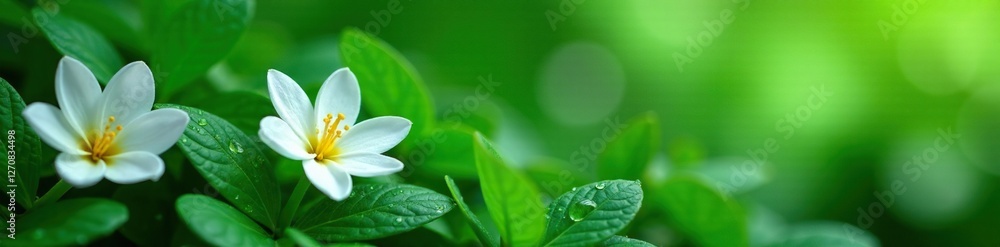 exotic white flowers on lush green foliage with dew drops, greenery, flowers, droplets exotic white flowers on lush green foliage with dew drops, greenery, flowers, droplets