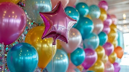 Colorful balloons and star-shaped balloon arrangement in festive indoor celeb...