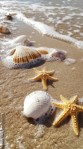 Seashells and starfish on a sandy beach with gentle waves at sunset