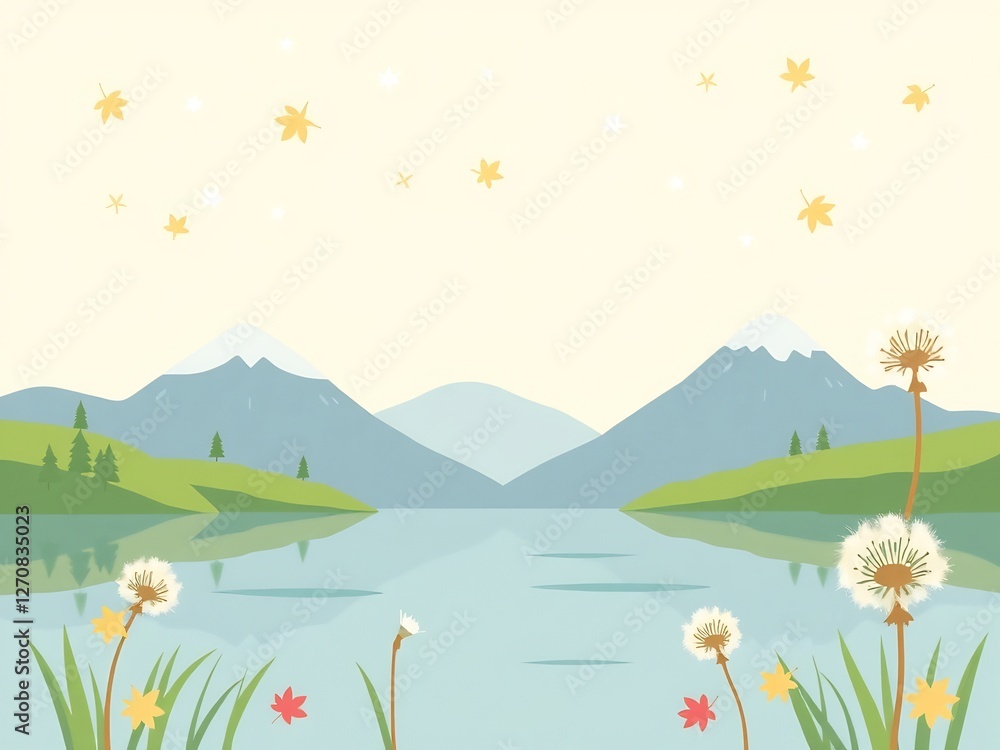 Fototapeta premium Serene mountain lake softly lit pastel colors. AI Generated