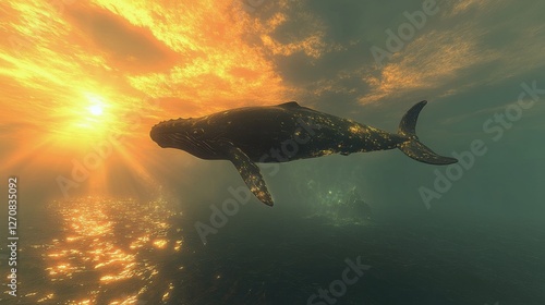 Whale swimming gracefully in illuminated waters at twilight near the coast
