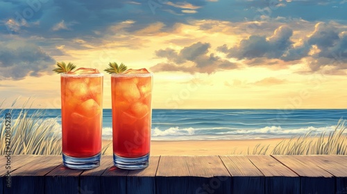 Refreshing cocktails on a beachside table with a scenic ocean view and vibran...