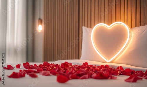 Romantic Bedroom with Red Rose Petals and Neon Heart Light