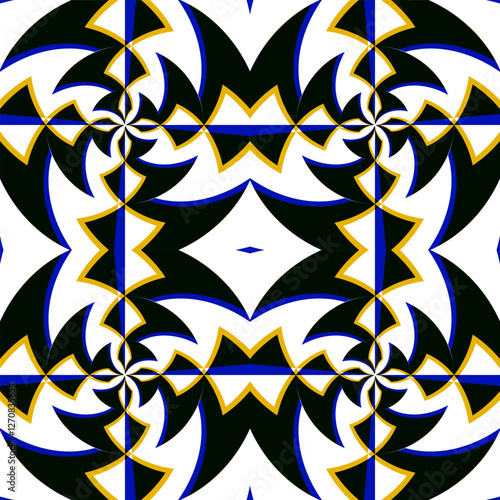 A high-energy abstract pattern with jagged, lightning-like edges forming a swirling optical illusion. The bold black, blue, and yellow palette enhances the dynamic movement. Ideal for design projects.