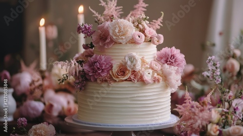 Elegant wedding cake adorned with fresh roses and delicate flowers in a brigh...