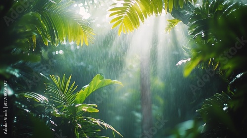 Lush rainforest bathed in sunlight during a gentle rain shower in the early m...