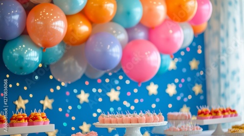 Colorful balloons and star-shaped balloon arrangement in festive indoor celeb...