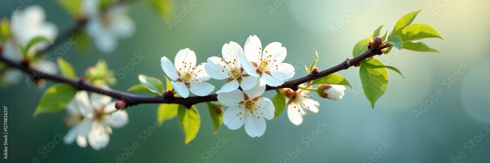 Fototapeta premium Branch with small white flowers in full bloom, branch, blossom, flowers