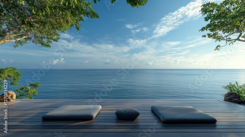 Relaxing ocean view with seating area and clear blue sky at a serene coastal ...