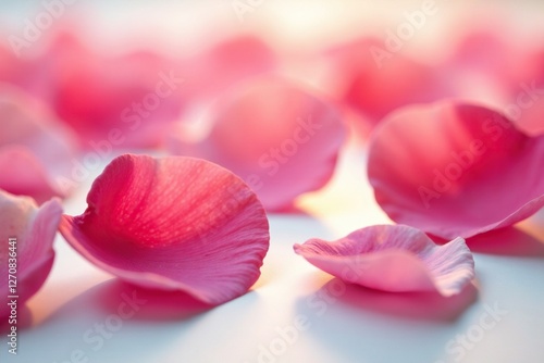 Rose petals scattered on a soft white background with a warm glow effect, serene, soft focus