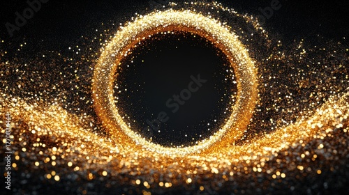 Swirling golden particles create an enchanting circular pattern against a dark background, capturing a sense of magical energy and wonder in a moment of dazzling beauty photo