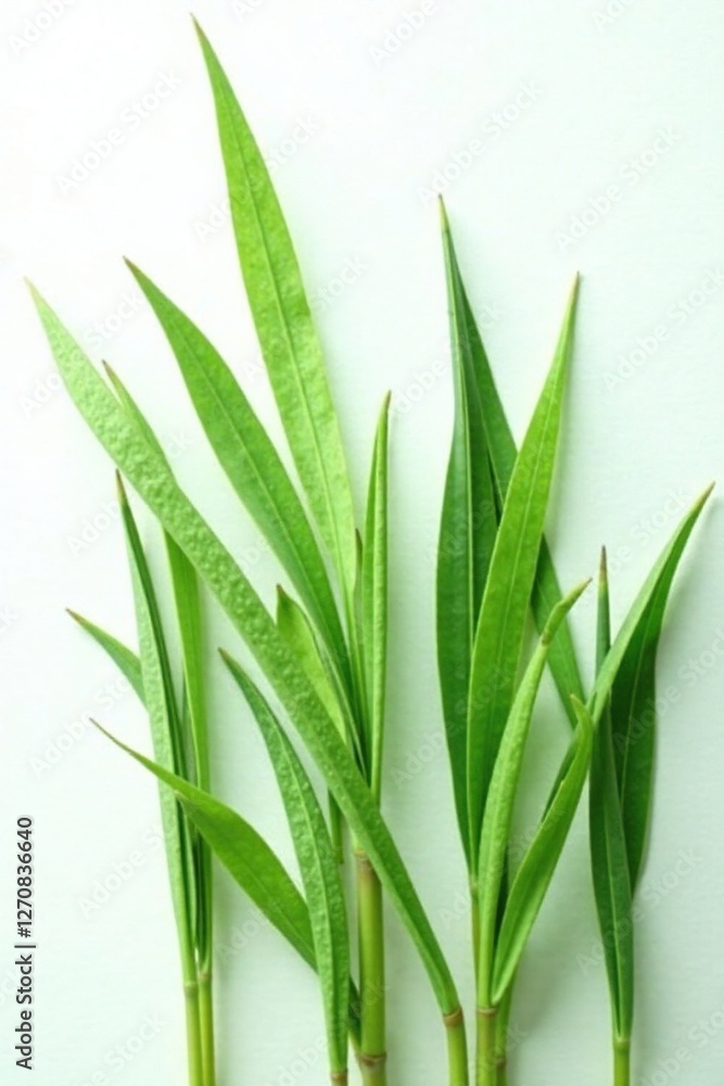 A row of long and slender green leaves against a stark white surface, simple, botanical A row of long and slender green leaves against a stark white surface, simple, botanical