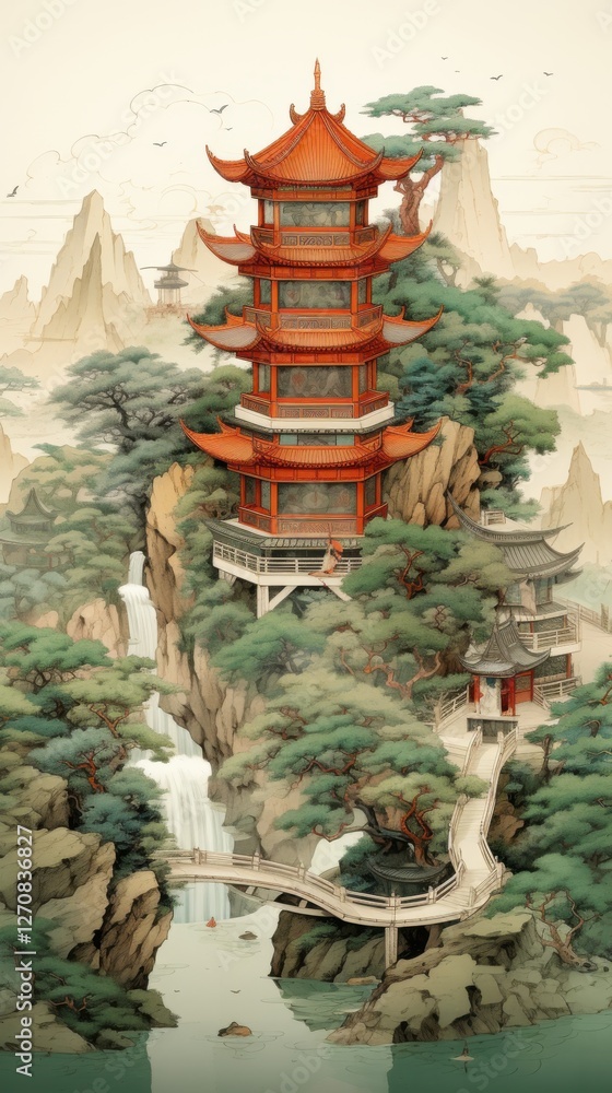Fototapeta premium Beautiful pagoda surrounded by lush greenery and flowing waterfalls in a serene mountainous landscape during late afternoon