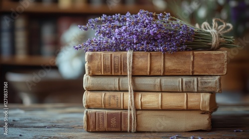 Stack of vintage books wrapped with twine and lavender in a cozy library sett...