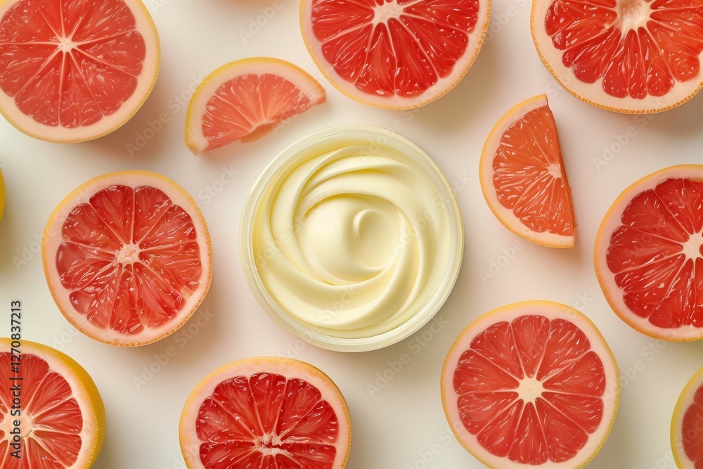 Top view of a jar of vitamin C face cream on a white background and grapefruit slices. Top view of a jar of vitamin C face cream on a white background and grapefruit slices.
