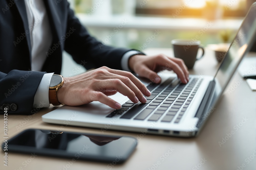 Business professional typing on laptop at desk with smartphone and coffee. Business professional typing on laptop at desk with smartphone and coffee.