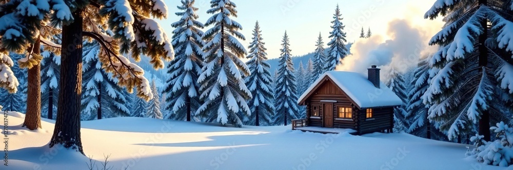 Winter forest with a small wooden cabin and a smoke rising from the chimney, snow, trees Winter forest with a small wooden cabin and a smoke rising from the chimney, snow, trees