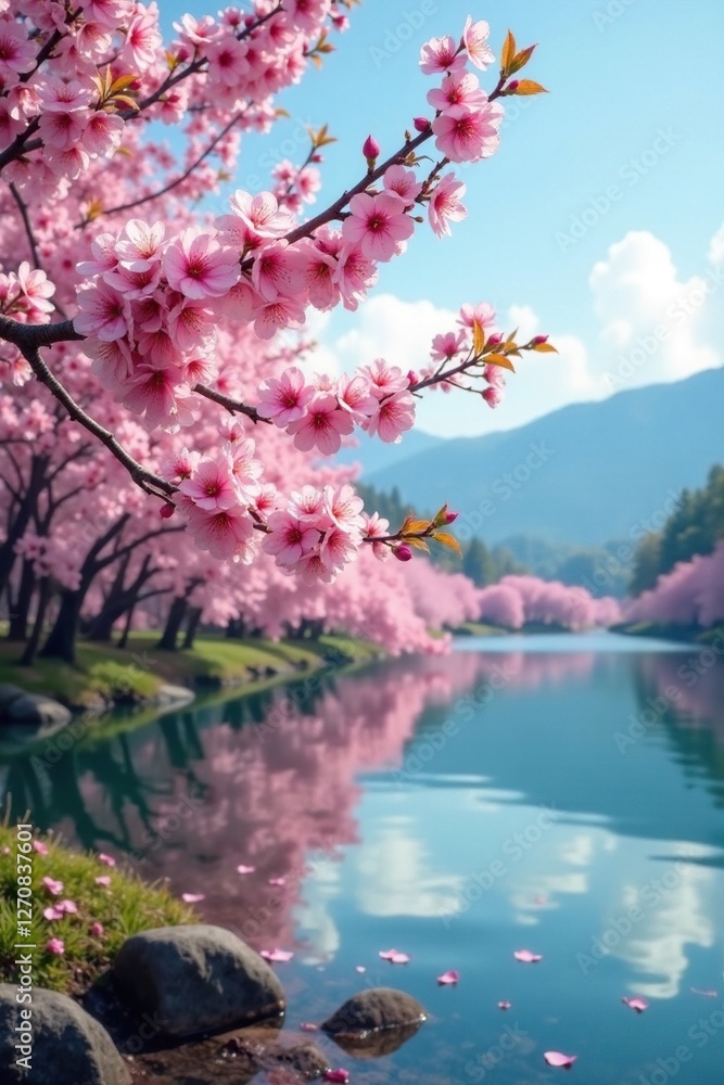 Blooming cherry blossoms against the lake's calm waters, blossoms, blooming Blooming cherry blossoms against the lake's calm waters, blossoms, blooming