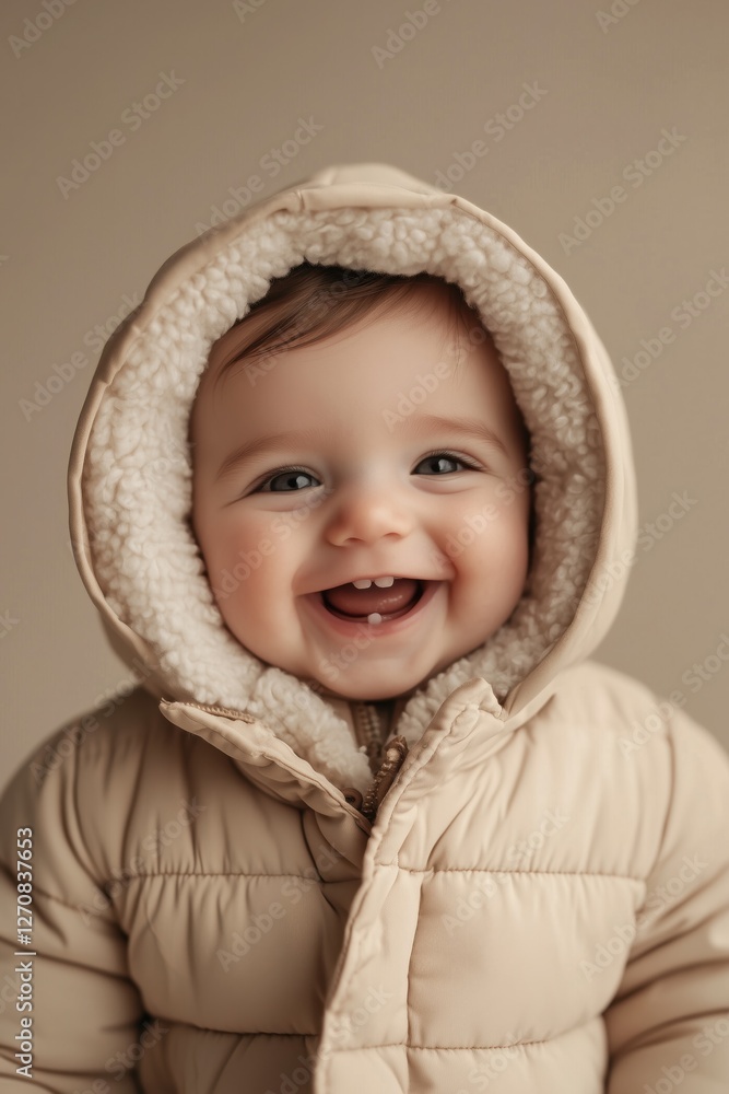 Happy infant dressed in warm beige outerwear, showing baby teeth. Happy infant dressed in warm beige outerwear, showing baby teeth.