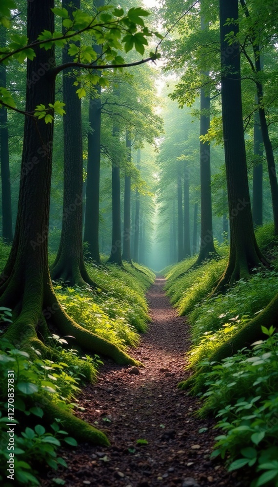 Fototapeta premium Empty forest path with fallen trees and overgrown vegetation, decay, wild, moss