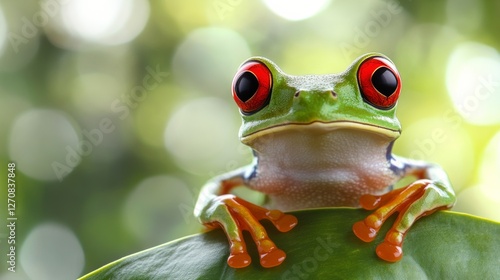 Bright red-eyed tree frog perched on green leaf in lush environment