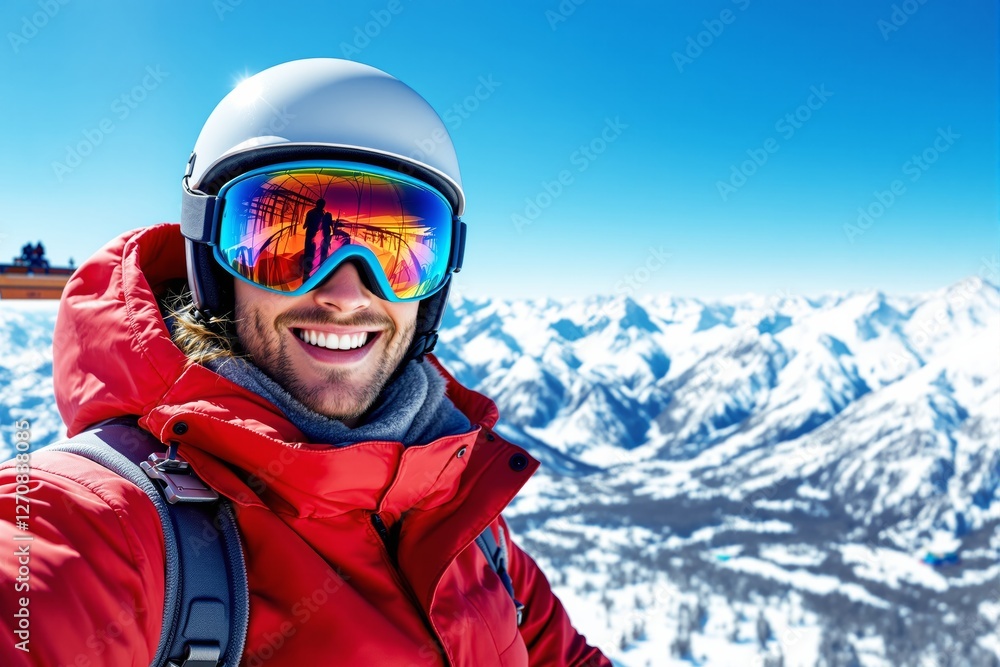 Enthusiastic skier in a red jacket taking a selfie with snowy mountains and a clear blue sky in the background. Enthusiastic skier in a red jacket taking a selfie with snowy mountains and a clear blue sky in the background.