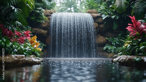Serene waterfall cascading into a tranquil pool surrounded by lush greenery i...