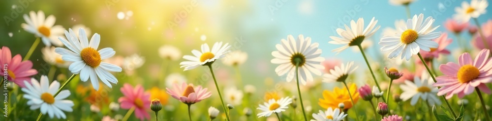 Daisies swaying gently in the breeze amidst a blanket of colorful blooms, whimsical, flowers, soft Daisies swaying gently in the breeze amidst a blanket of colorful blooms, whimsical, flowers, soft