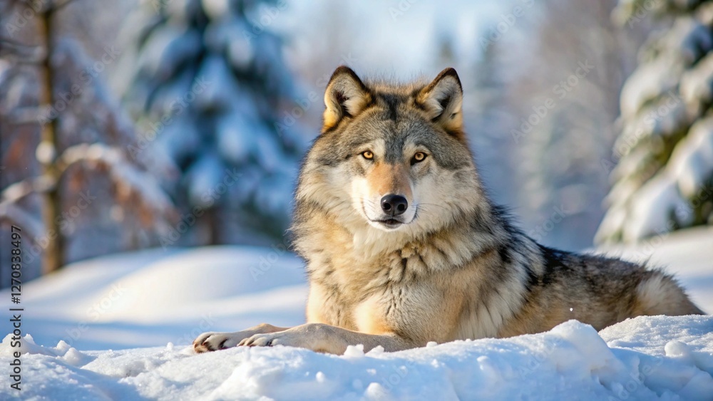 Fototapeta premium Gray wolf (Canis lupus) lays in the fresh fallen snow of the International Wolf Center in Ely, northern Minnesota, USA; Ely, Minnesota, United States of America