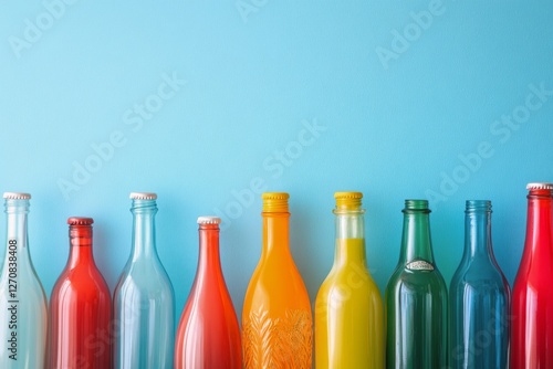 Colorful glass bottles arranged in a line on a blue background showcasing art...