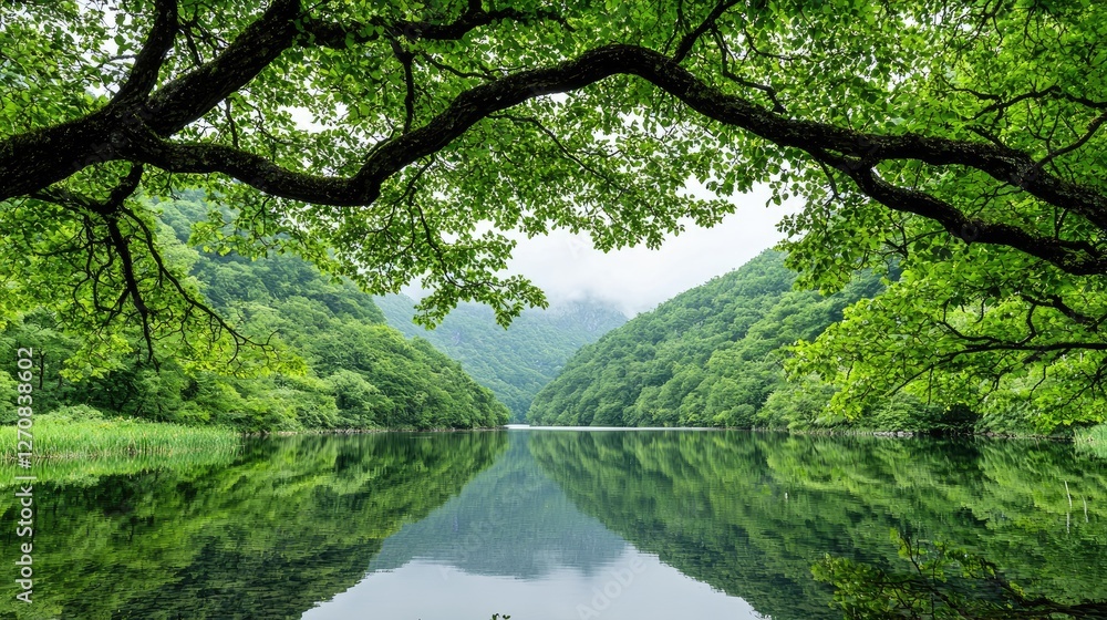 Serene lake reflecting lush green mountains Serene lake reflecting lush green mountains