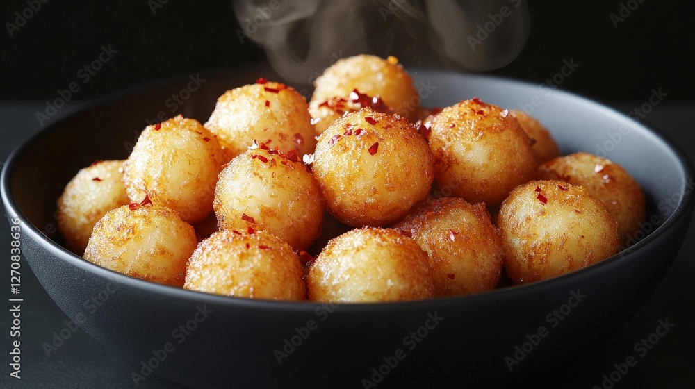 A steaming bowl of golden, crispy rice balls garnished with spices. A steaming bowl of golden, crispy rice balls garnished with spices.