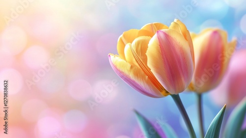 Bright yellow tulip stands out among colorful tulips in a vibrant garden duri...