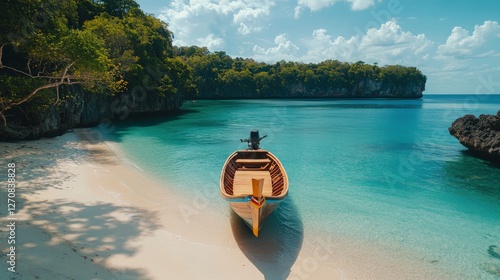 Scenic view of a traditional boat anchored near a tropical beach with crystal...