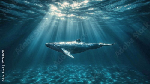 Majestic whale swims gracefully beneath sunlit ocean surface