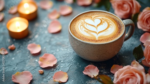 Warm coffee cup surrounded by pink rose petals and candles on a textured surface