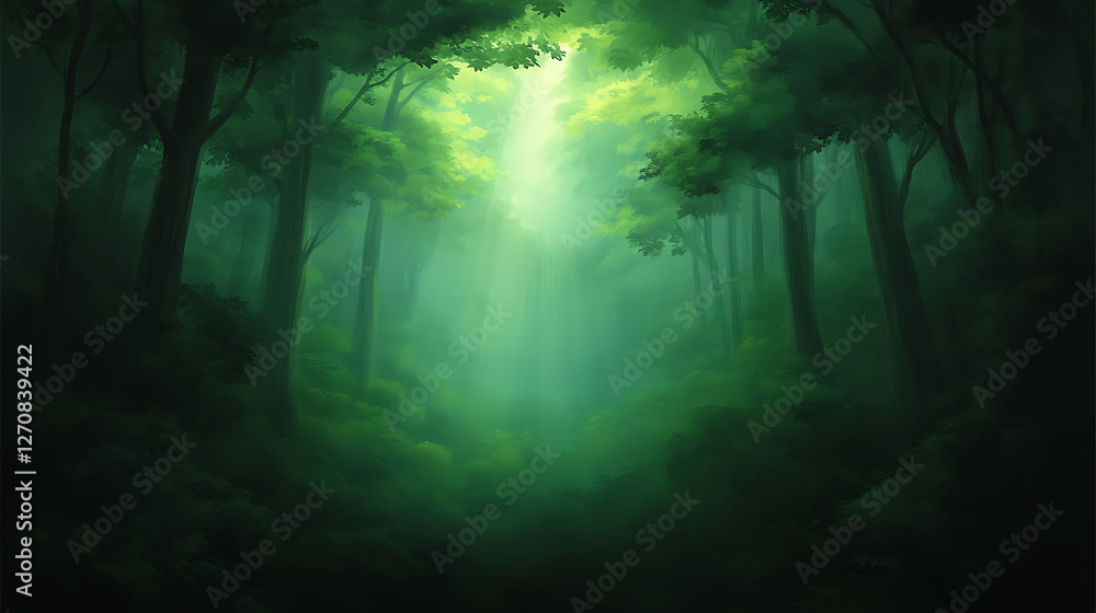 Fototapeta premium Sunlit Forest Clearing Green Serenity Trees and Leaves with Sunbeams Bursting Through the Canopy