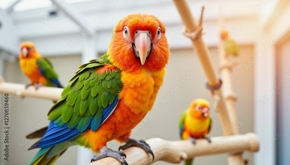 Fototapeta premium Vibrant parrot displaying lively expression in indoor aviary, colorful surroundings