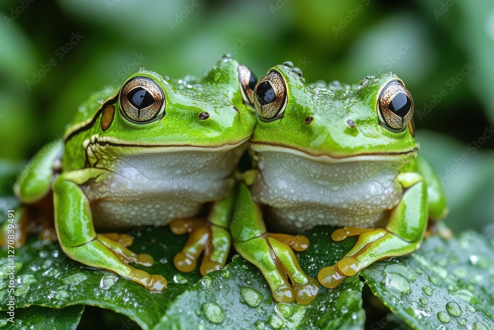 Obraz premium Two Frogs Resting on Leafy Surface in Lush Greenery Surrounded by Nature's Beauty