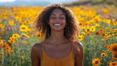 Woman smiling joyfully in a vibrant wildflower field during golden hour