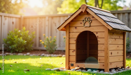 Cozy doghouse with paw print in sunny backyard, pet comfort
