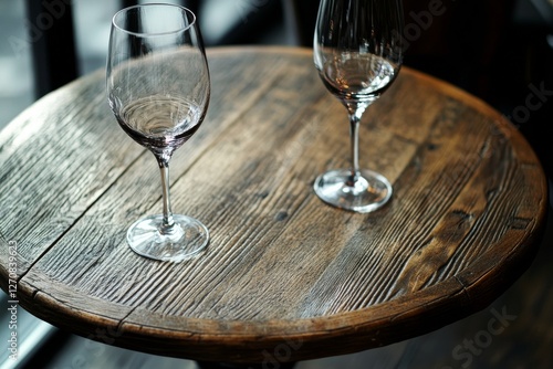 Elegant wine glasses set on a wooden table in a modern interior during daylight