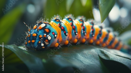 Colorful caterpillar crawling on a vibrant green leaf in a lush garden setting