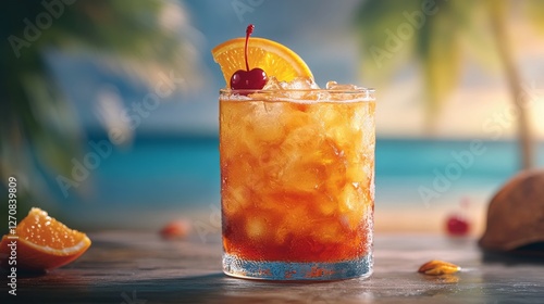 Refreshing tropical cocktail with fruit garnishes on a beach setting at sunset