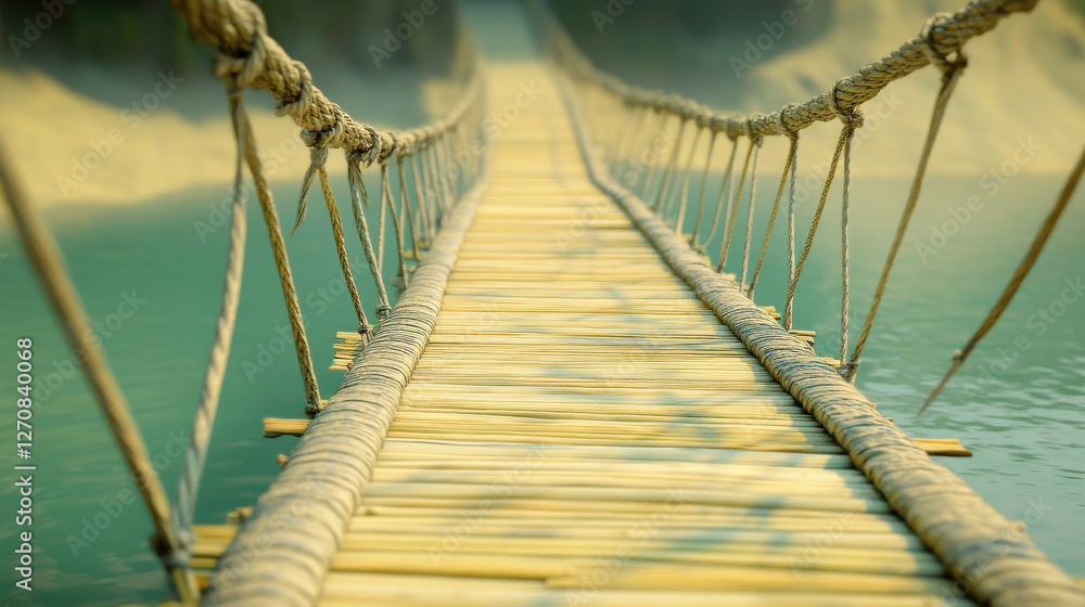 Fototapeta premium A handmade bamboo bridge with uneven slats and tightly woven rope railings, suspended above a peaceful, glass-like water surface