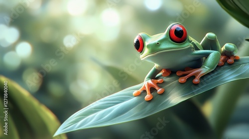 Bright red-eyed tree frog perched on green leaf in lush environment
